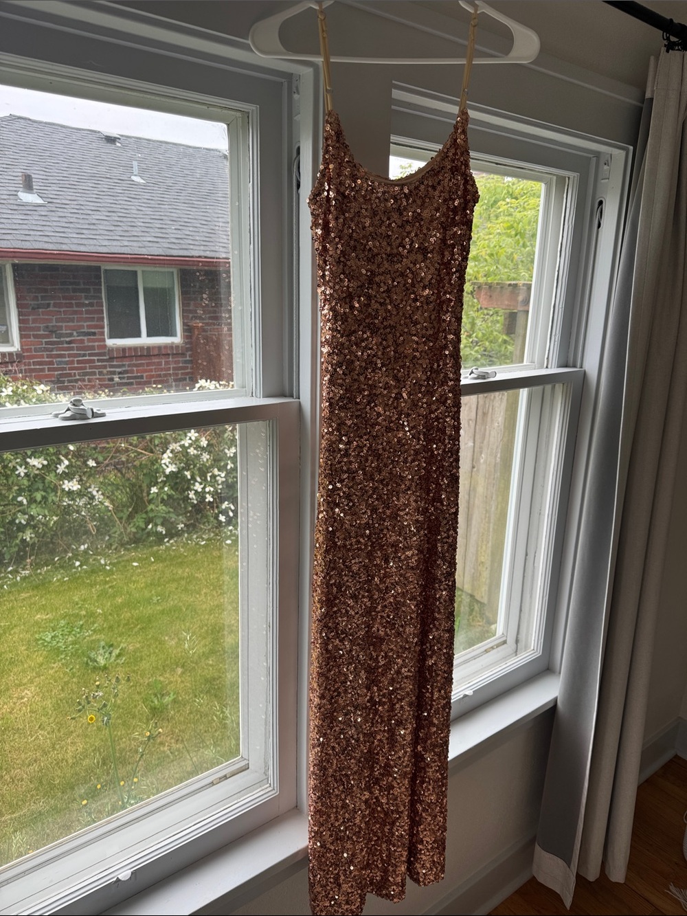 Sequin Spaghetti-Strap Maxi Dress in Rose Gold